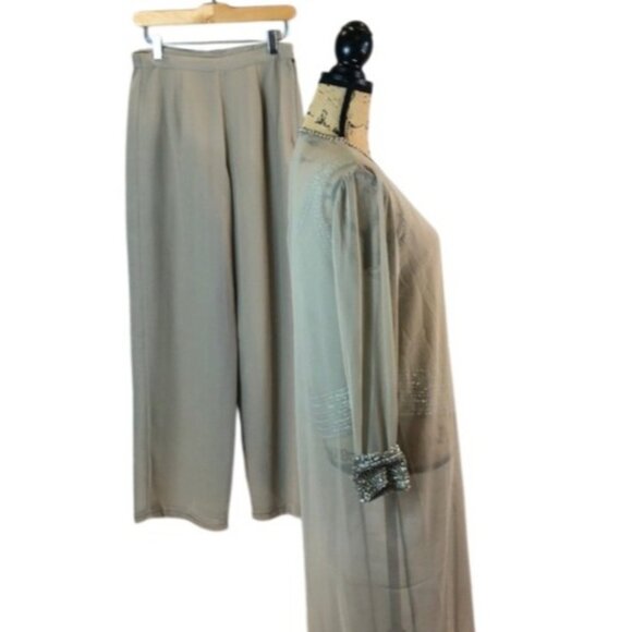 3 pc J Kara Formal Pant Suit Set Beaded Long Sheer Jacket Tank Top Beige 6 P - Picture 4 of 8